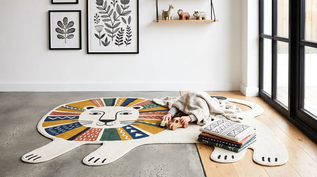 Enfant qui joue au sol sur un tapis coloré en forme de lion